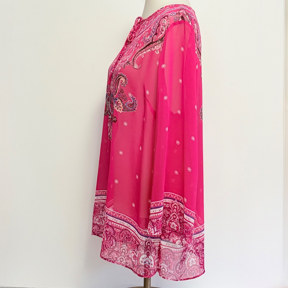 Susan Graver Tunic L Pink Paisley Chiffon Tie Neck Long Sleeve Blouse - Picture 3 of 8